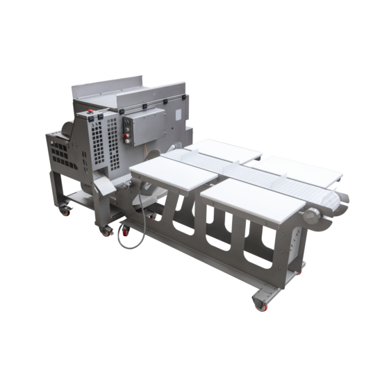 STEEN ST832 - Automatic chicken kneecap deboning machine with trimming belt for 4 operators - dark meat deboner for cartilage free meat.